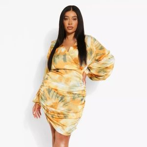 PLUS SATIN PRINTED RUCHED BODYCON DRESS